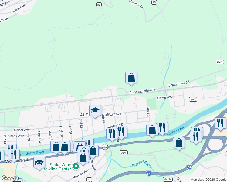 map of restaurants, bars, coffee shops, grocery stores, and more near 501 Terrace Avenue in Huntington