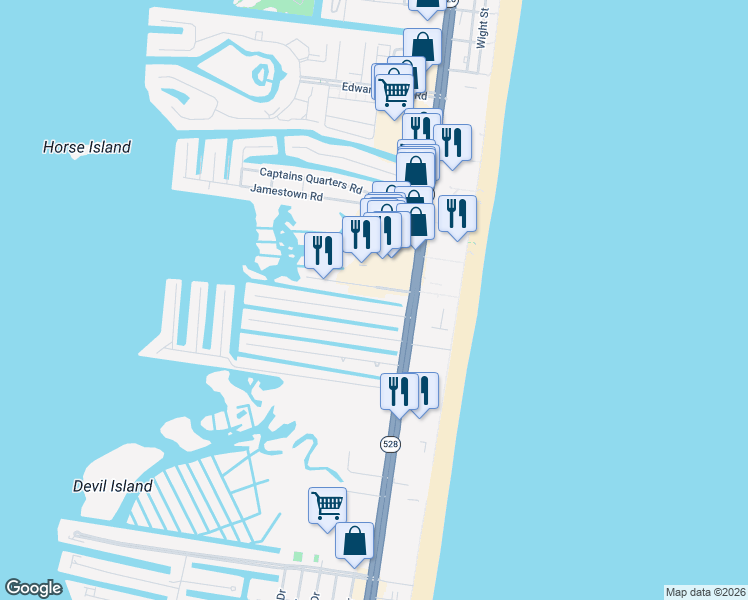 map of restaurants, bars, coffee shops, grocery stores, and more near 113 Channel Buoy Road in Ocean City