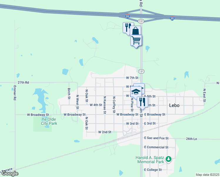 map of restaurants, bars, coffee shops, grocery stores, and more near 500-598 North Coffey Street in Lebo