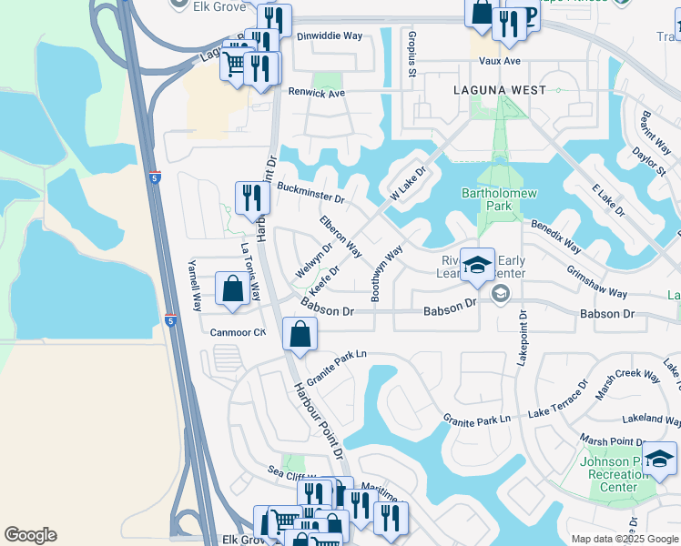 map of restaurants, bars, coffee shops, grocery stores, and more near 9321 Keefe Drive in Elk Grove