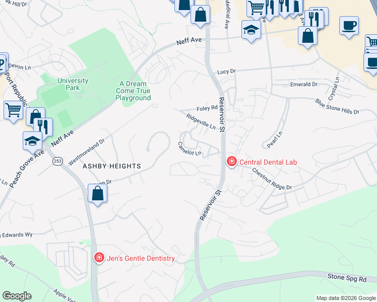 map of restaurants, bars, coffee shops, grocery stores, and more near 733 Hillmont Circle in Harrisonburg