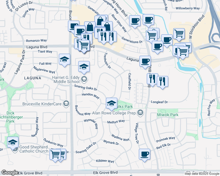 map of restaurants, bars, coffee shops, grocery stores, and more near 7741 Elmsmere Court in Elk Grove