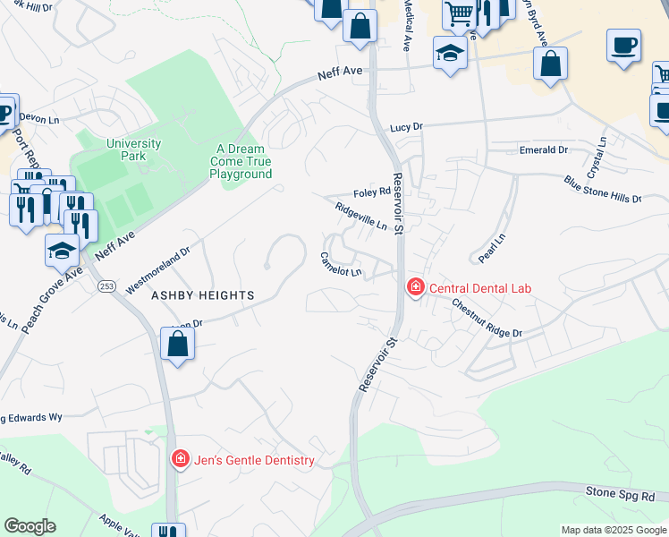 map of restaurants, bars, coffee shops, grocery stores, and more near 869 Camelot Lane in Harrisonburg