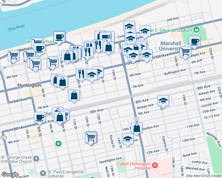 map of restaurants, bars, coffee shops, grocery stores, and more near 1401 7th Avenue in Huntington
