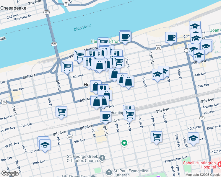 map of restaurants, bars, coffee shops, grocery stores, and more near 601 9th Street in Huntington