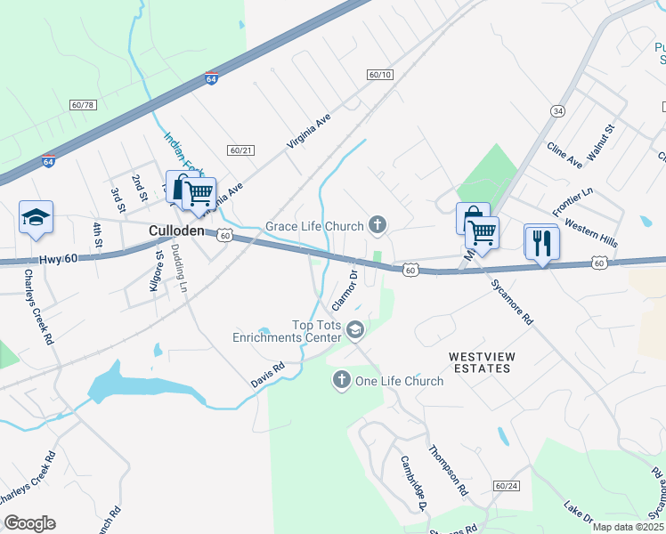 map of restaurants, bars, coffee shops, grocery stores, and more near County Route 60/1 in Culloden