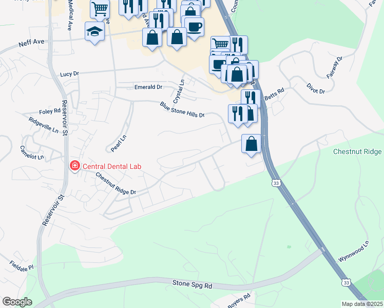 map of restaurants, bars, coffee shops, grocery stores, and more near 180 Chestnut Ridge Drive in Harrisonburg