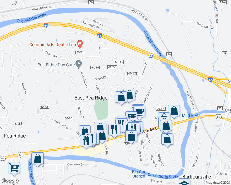 map of restaurants, bars, coffee shops, grocery stores, and more near 6197 East Pea Ridge Road in Huntington