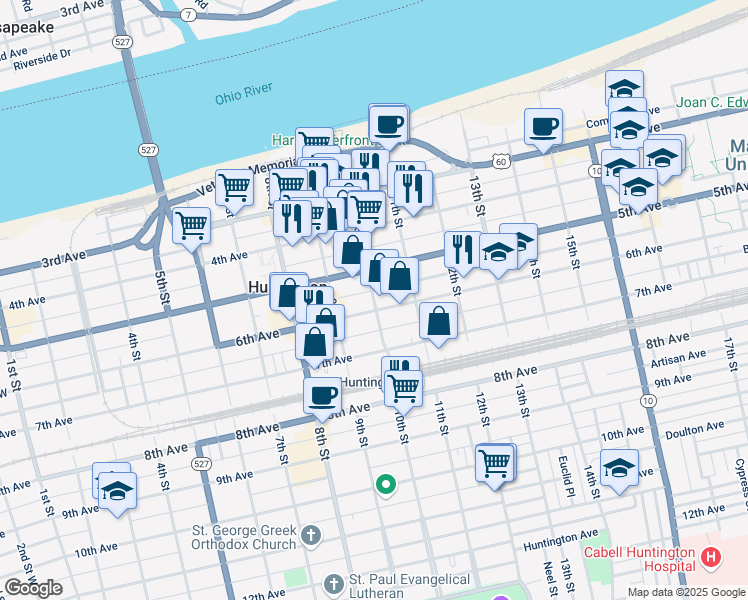 map of restaurants, bars, coffee shops, grocery stores, and more near 949 6th Avenue in Huntington