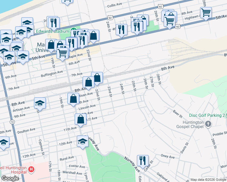 map of restaurants, bars, coffee shops, grocery stores, and more near 905 23rd Street in Huntington