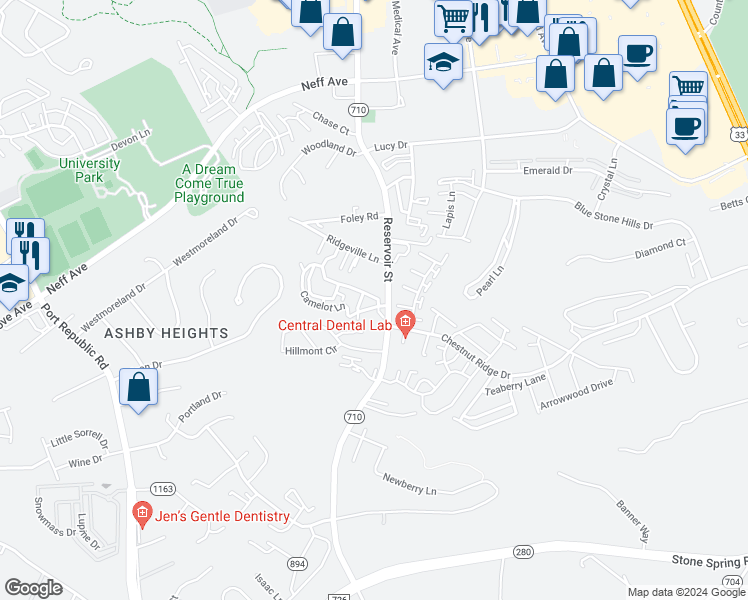 map of restaurants, bars, coffee shops, grocery stores, and more near 740 Merlins Way in Harrisonburg