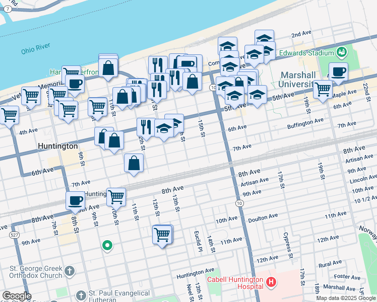 map of restaurants, bars, coffee shops, grocery stores, and more near 624 14th Street in Huntington