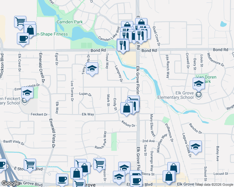 map of restaurants, bars, coffee shops, grocery stores, and more near 8845 Halverson Drive in Elk Grove