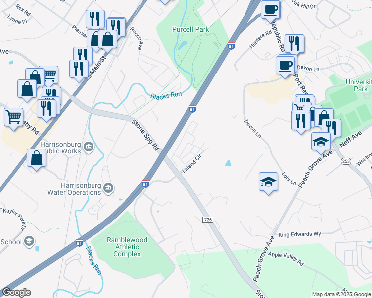 map of restaurants, bars, coffee shops, grocery stores, and more near 607 John Tyler Circle in Harrisonburg