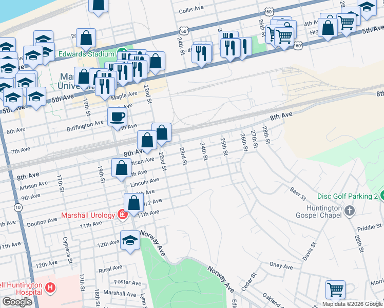 map of restaurants, bars, coffee shops, grocery stores, and more near 805 24th St in Huntington