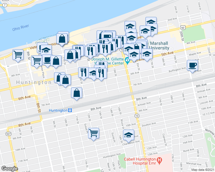 map of restaurants, bars, coffee shops, grocery stores, and more near 1411 6th Avenue in Huntington