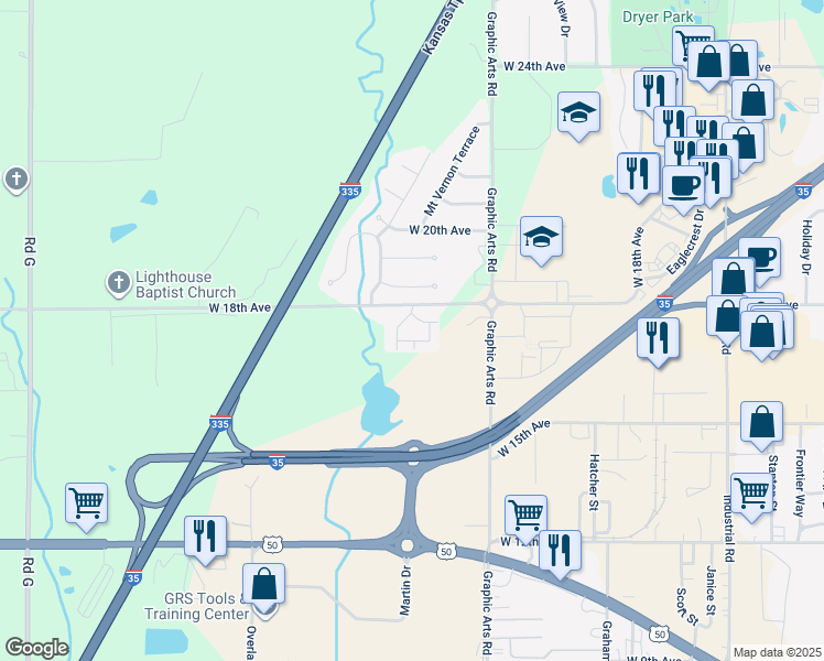 map of restaurants, bars, coffee shops, grocery stores, and more near 3601 West 18th Avenue in Emporia