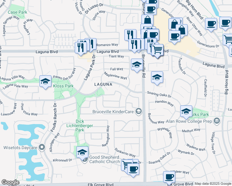 map of restaurants, bars, coffee shops, grocery stores, and more near 7000 Verdure Way in Elk Grove