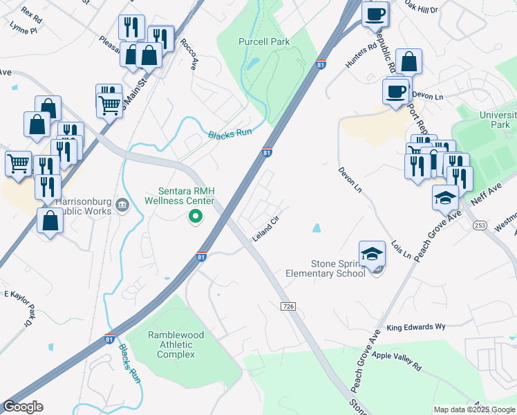 map of restaurants, bars, coffee shops, grocery stores, and more near 607 John Tyler Circle in Harrisonburg