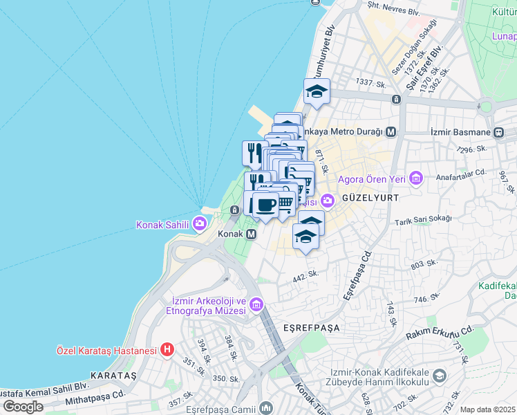 map of restaurants, bars, coffee shops, grocery stores, and more near 1 Cumhuriyet Bulvarı in Konak