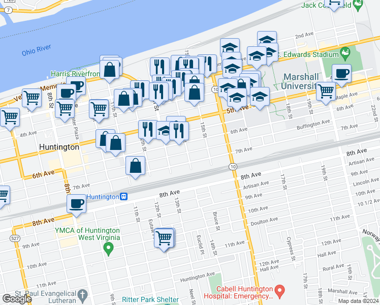 map of restaurants, bars, coffee shops, grocery stores, and more near 622 14th Street in Huntington