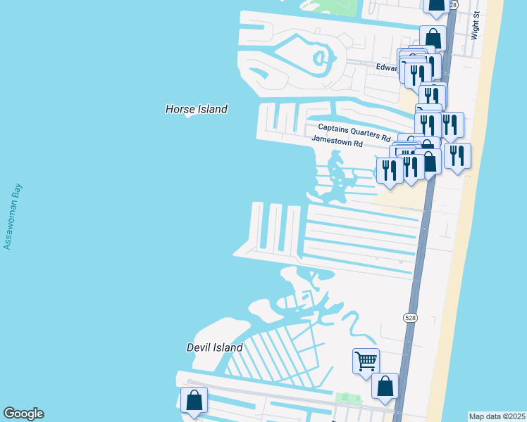 map of restaurants, bars, coffee shops, grocery stores, and more near 10614 Point Lookout Road in Ocean City