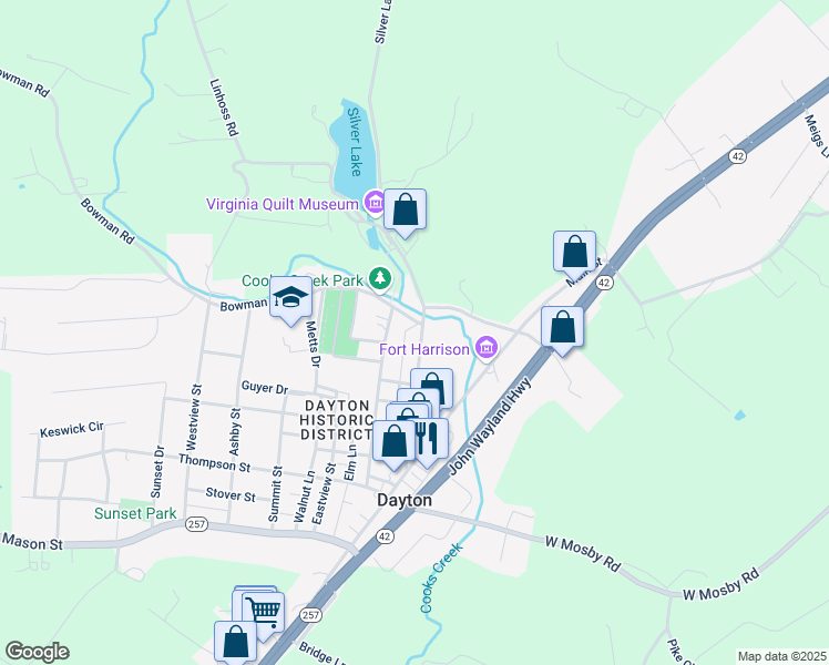 map of restaurants, bars, coffee shops, grocery stores, and more near Bowman Road in Dayton