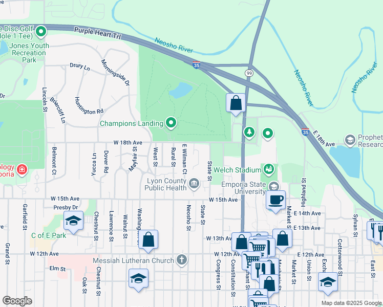 map of restaurants, bars, coffee shops, grocery stores, and more near 1733 Hammond Drive in Emporia
