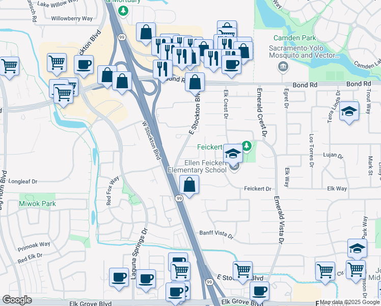 map of restaurants, bars, coffee shops, grocery stores, and more near 9299 East Stockton Boulevard in Elk Grove