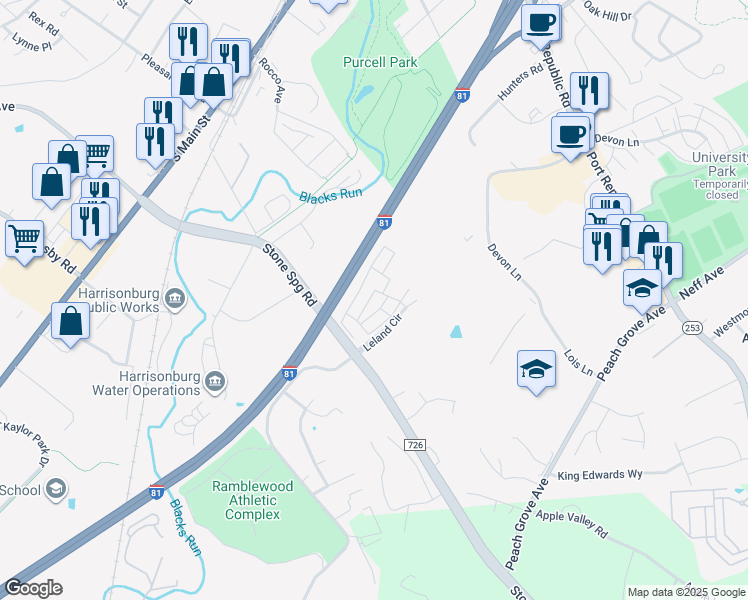 map of restaurants, bars, coffee shops, grocery stores, and more near 607 John Tyler Circle in Harrisonburg