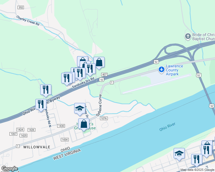 map of restaurants, bars, coffee shops, grocery stores, and more near 9231 County Road 1 in South Point
