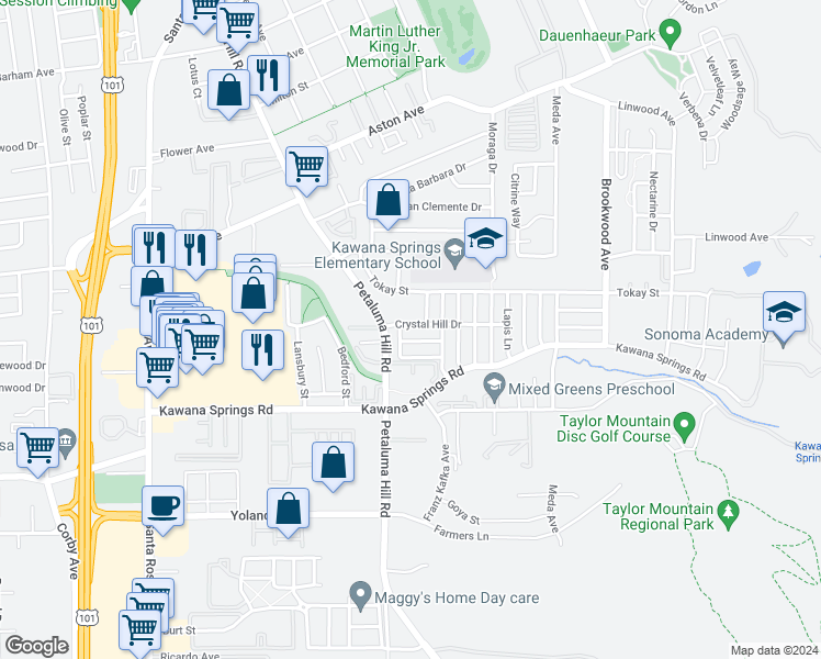 map of restaurants, bars, coffee shops, grocery stores, and more near 2122 Crystal Hill Drive in Santa Rosa