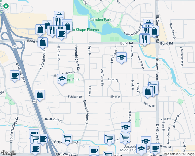 map of restaurants, bars, coffee shops, grocery stores, and more near 9185 Lujan Drive in Elk Grove