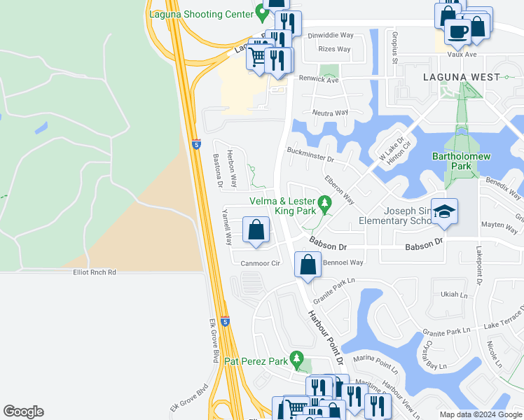 map of restaurants, bars, coffee shops, grocery stores, and more near 2216 Yarnell Way in Elk Grove