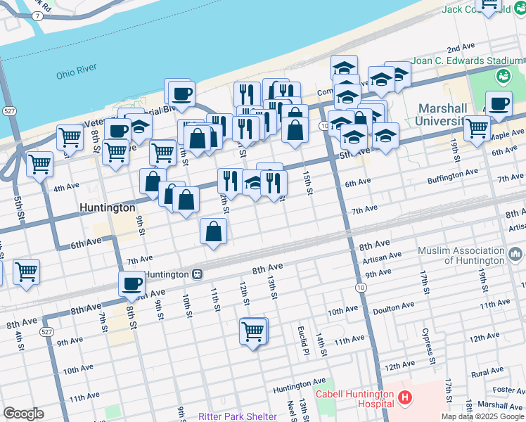 map of restaurants, bars, coffee shops, grocery stores, and more near 600 13th Street in Huntington