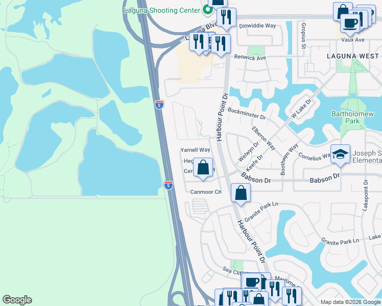 map of restaurants, bars, coffee shops, grocery stores, and more near 2120 Yarnell Way in Elk Grove