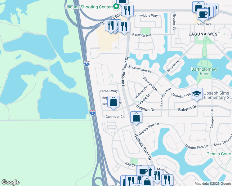 map of restaurants, bars, coffee shops, grocery stores, and more near 2216 Yarnell Way in Elk Grove