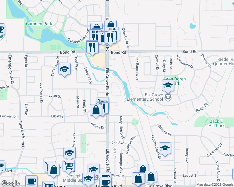 map of restaurants, bars, coffee shops, grocery stores, and more near 9310 Aizenberg Circle in Elk Grove