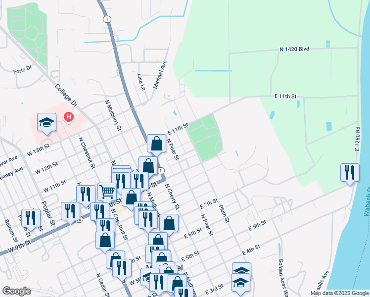 map of restaurants, bars, coffee shops, grocery stores, and more near 1018-1024 Plum Street in Mount Carmel