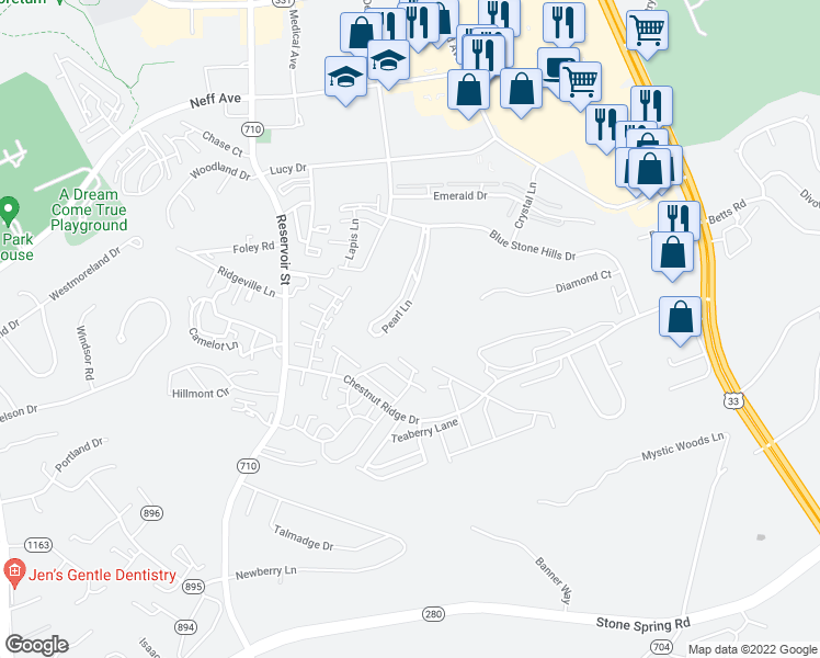 map of restaurants, bars, coffee shops, grocery stores, and more near 2261 Pearl Lane in Harrisonburg