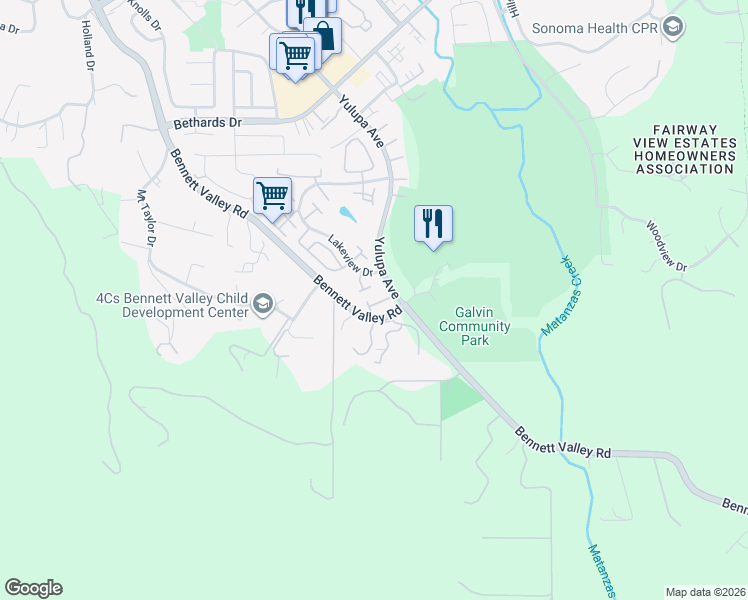 map of restaurants, bars, coffee shops, grocery stores, and more near 2755 Lakeview Drive in Santa Rosa