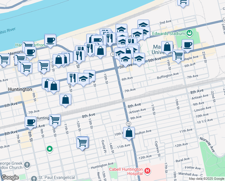 map of restaurants, bars, coffee shops, grocery stores, and more near 1505 6th Avenue in Huntington