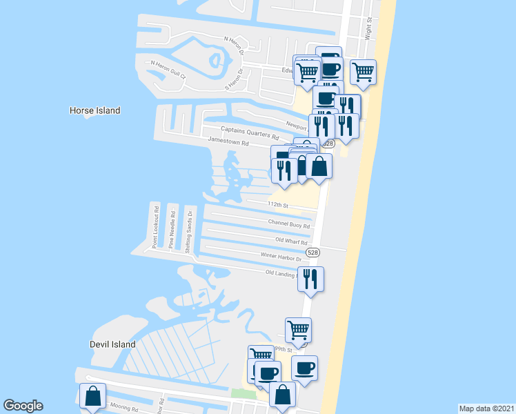 map of restaurants, bars, coffee shops, grocery stores, and more near 135 112th Street in Ocean City
