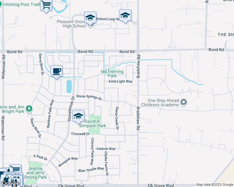 map of restaurants, bars, coffee shops, grocery stores, and more near 9348 Sierra Spring Way in Elk Grove