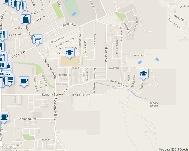 map of restaurants, bars, coffee shops, grocery stores, and more near 2208 Moldavite Lane in Santa Rosa