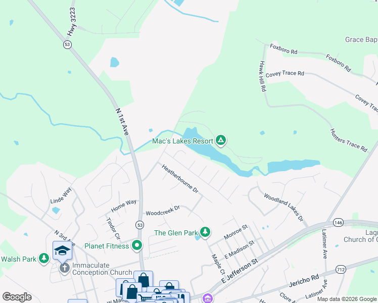 map of restaurants, bars, coffee shops, grocery stores, and more near 1614 McGuire Court in La Grange