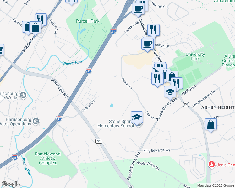 map of restaurants, bars, coffee shops, grocery stores, and more near 650 Stone Spring Road in Harrisonburg