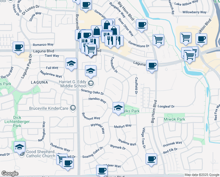map of restaurants, bars, coffee shops, grocery stores, and more near 7713 Elmsmere Court in Elk Grove