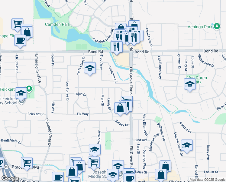 map of restaurants, bars, coffee shops, grocery stores, and more near 9304 Barth Street in Elk Grove