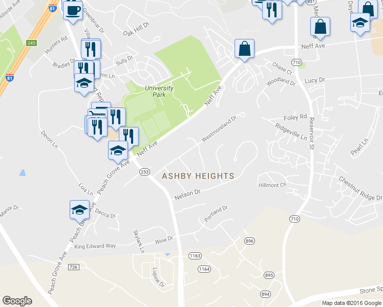 map of restaurants, bars, coffee shops, grocery stores, and more near 1190 Westmoreland Drive in Harrisonburg